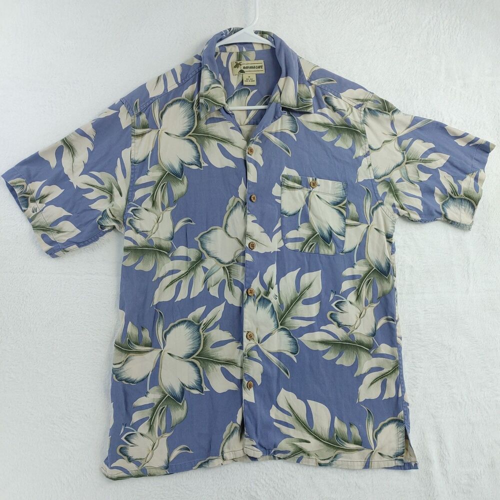 Havana Cafe Men's Button-Up Shirt Size M Blue Floral Short Sleeve 100% Silk